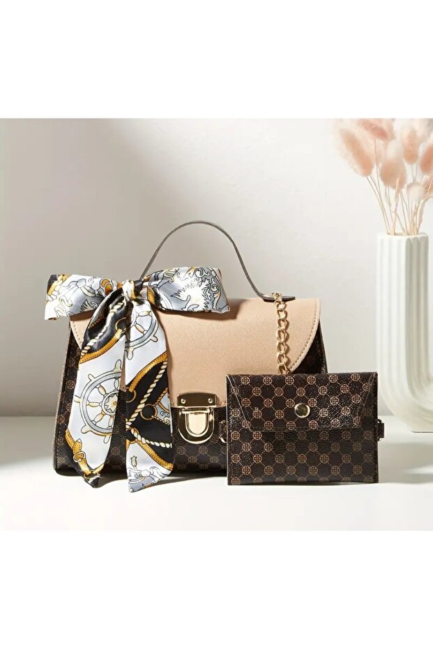 Faux Leather Khaki Color Diamond Plated Design Metal Chain Messenger Bag