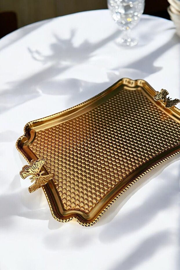 صينية تقديم ذهبية - نمط فراشة، صينية مستطيلة، قطعة واحدة - 4
