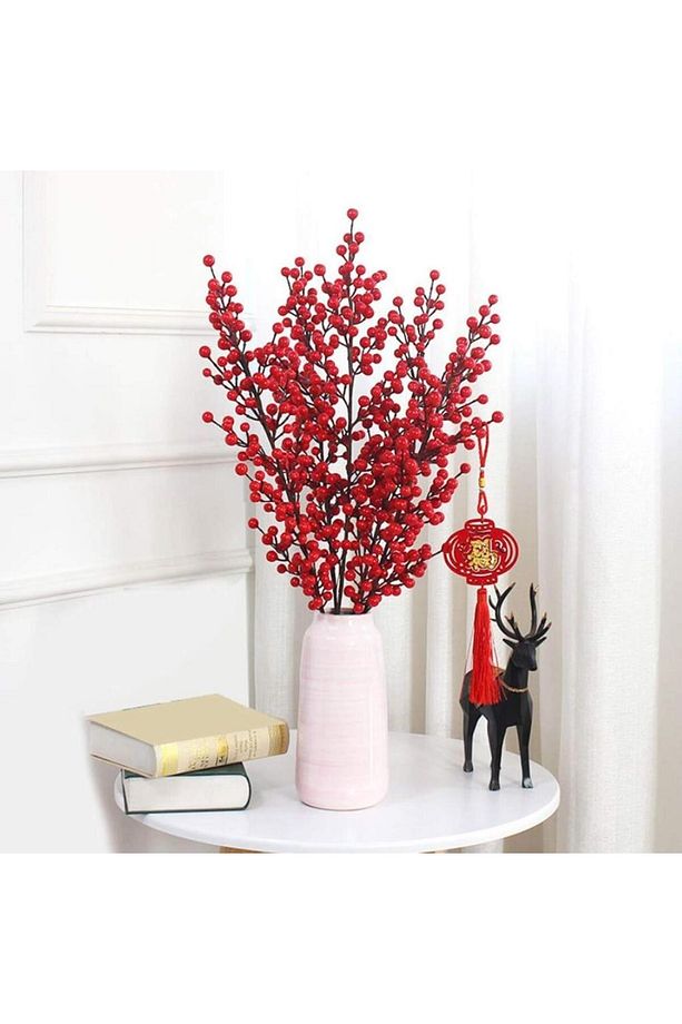 3 Adet Yapay Çiçek Kokina Uzun Dal 63cm Yılbaşı Çiçeği Red Berry - 5