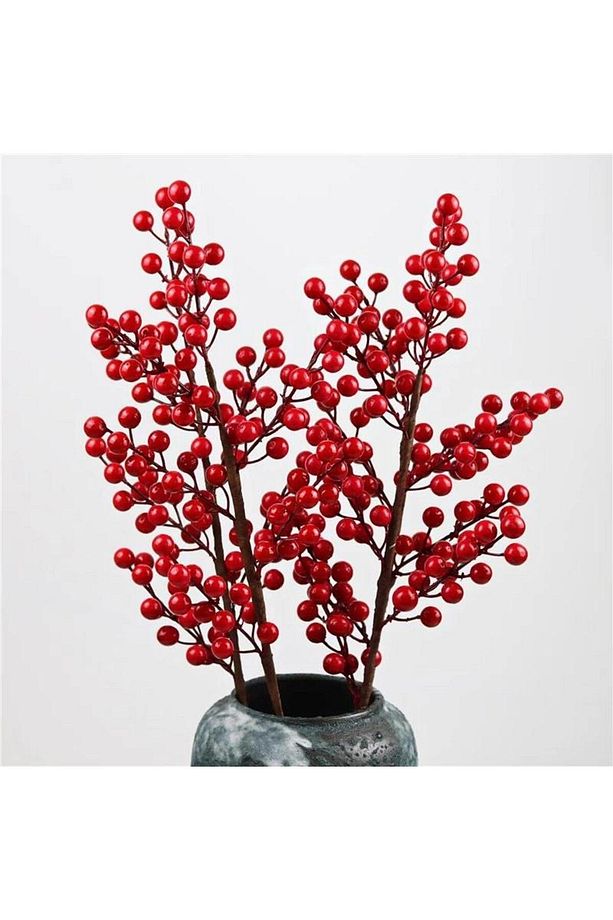 3 Adet Yapay Çiçek Kokina Uzun Dal 63cm Yılbaşı Çiçeği Red Berry - 1
