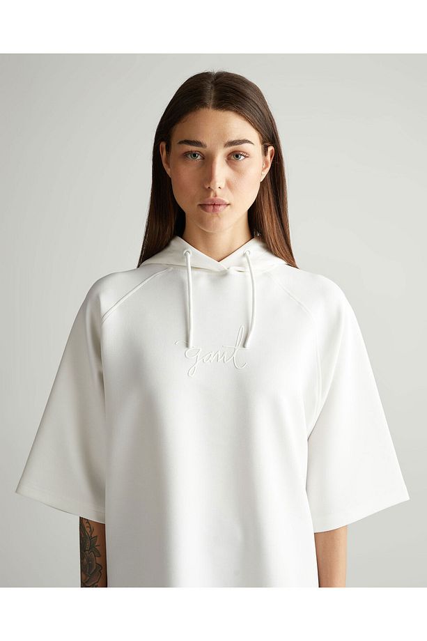 Kadın Krem Oversize Fit Kapüşonlu Logolu Sweatshirt - 4