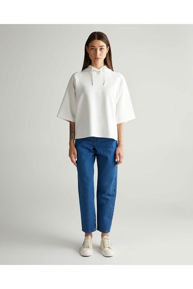 Kadın Krem Oversize Fit Kapüşonlu Logolu Sweatshirt - 3