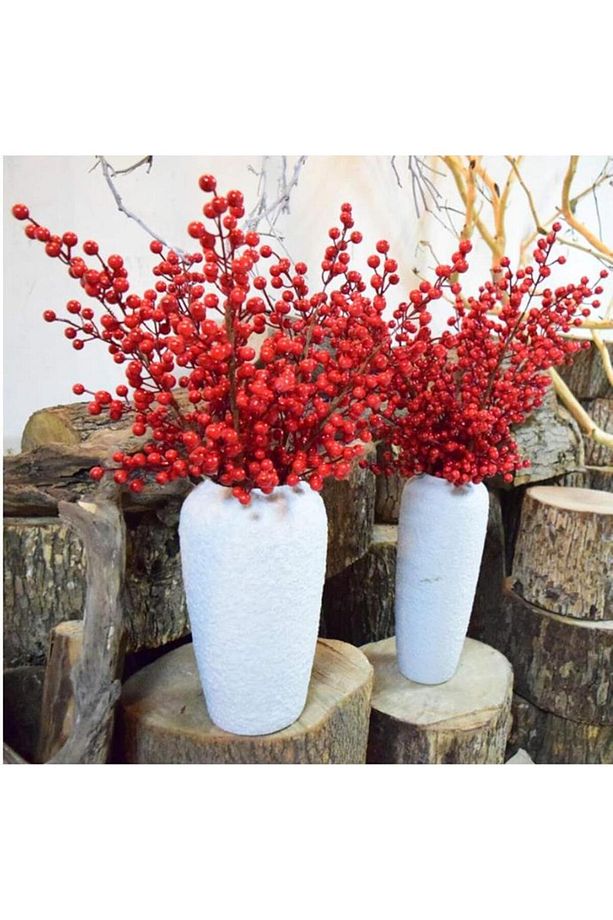 3 Adet Yapay Çiçek Kokina Uzun Dal 63cm Yılbaşı Çiçeği Red Berry - 7