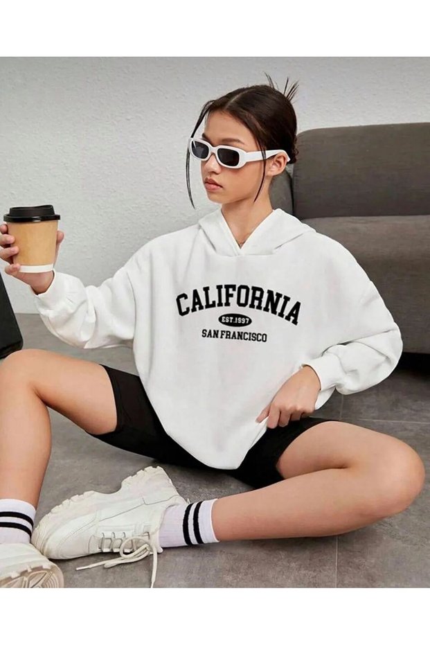 Girl-Boy White Hooded California San Francisco Printed Sweatshirt