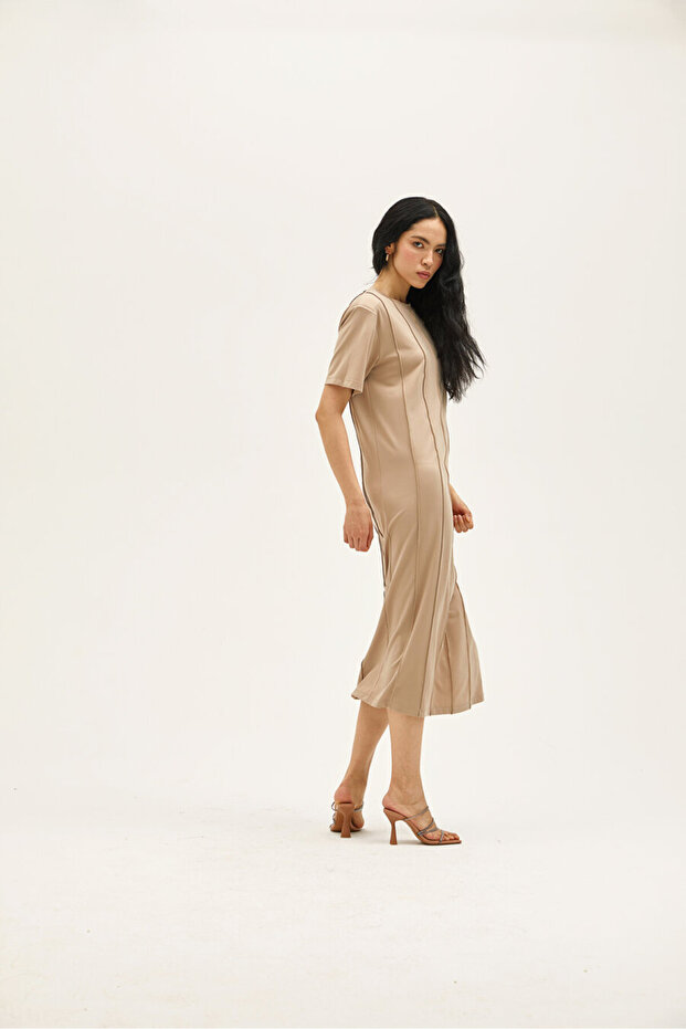 Viola Bej Rayon Elbise - 5