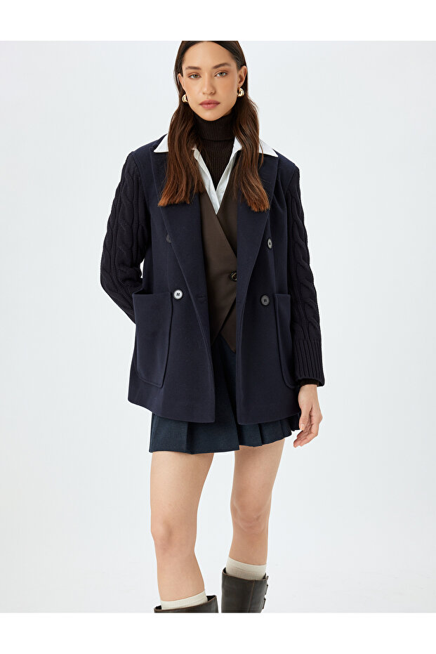 Pocketed Buttoned Double Breasted Sleeves Knitwear Stamp Jacket