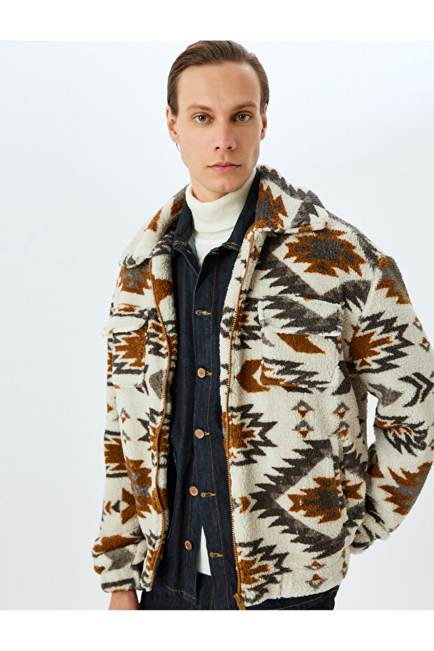 Ethnic Patterned Stand Collar Fleece Jacket with Zippered Pockets
