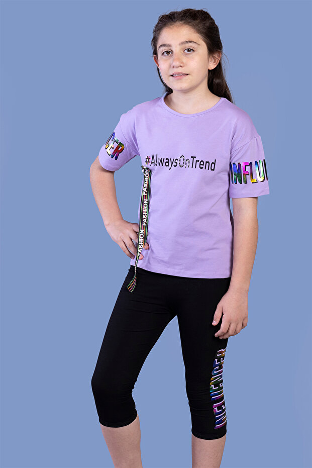 Girl's Colorful Printed Leggings Set with Stripe Detail