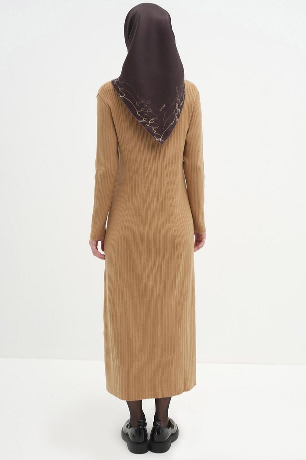 Sıfır Yaka Triko Elbise - Camel - 5