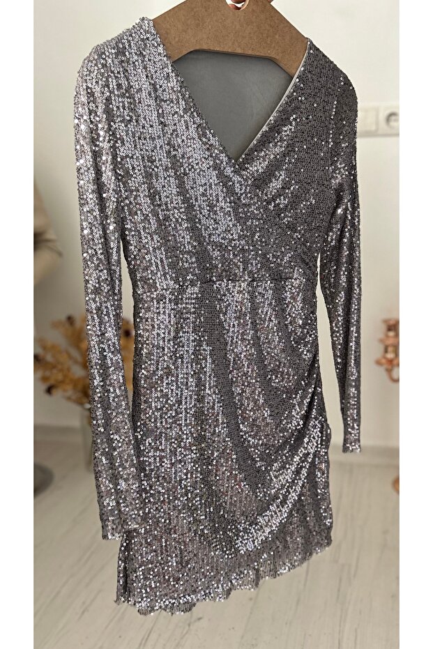 Pullu Payetli, Kruvaze Yaka, Yandan Drapeli, Mini Elbise - 4