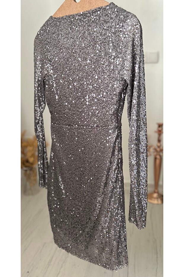 Pullu Payetli, Kruvaze Yaka, Yandan Drapeli, Mini Elbise - 3