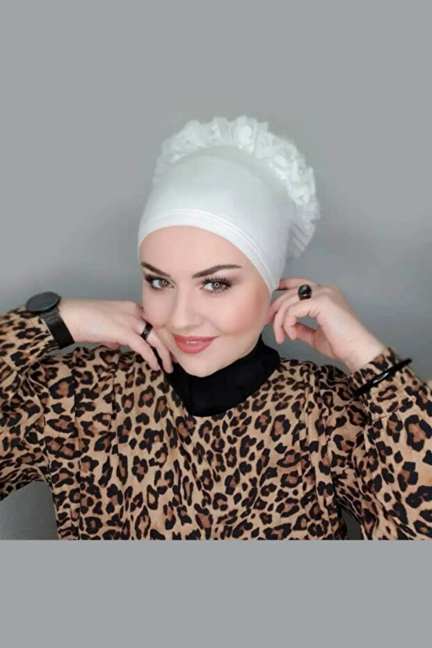 حجاب كشكش بونيه كعكة شال أبيض BON23502 - TR
