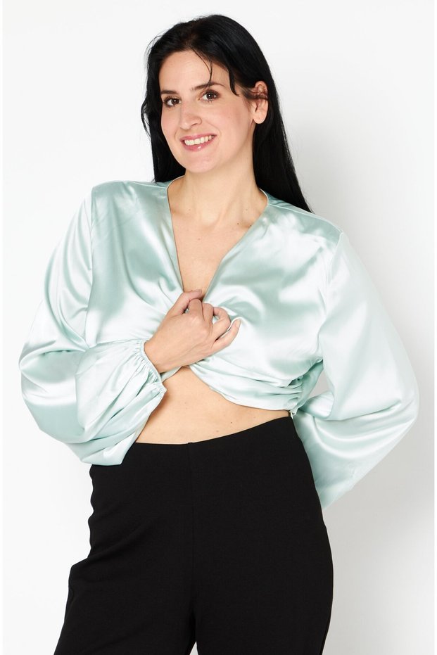 Women V-Neck Balloon Sleeve Satin Twist Top, Sage Green