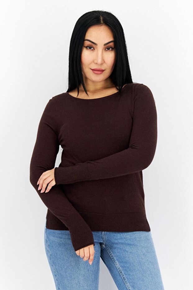 Women Bateau Neck Long Sleeve Solid Top, Brown