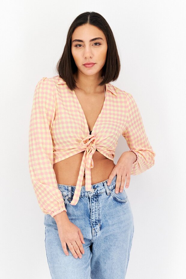 Women V Neck Long Sleeve Gingham Blouse, Pink