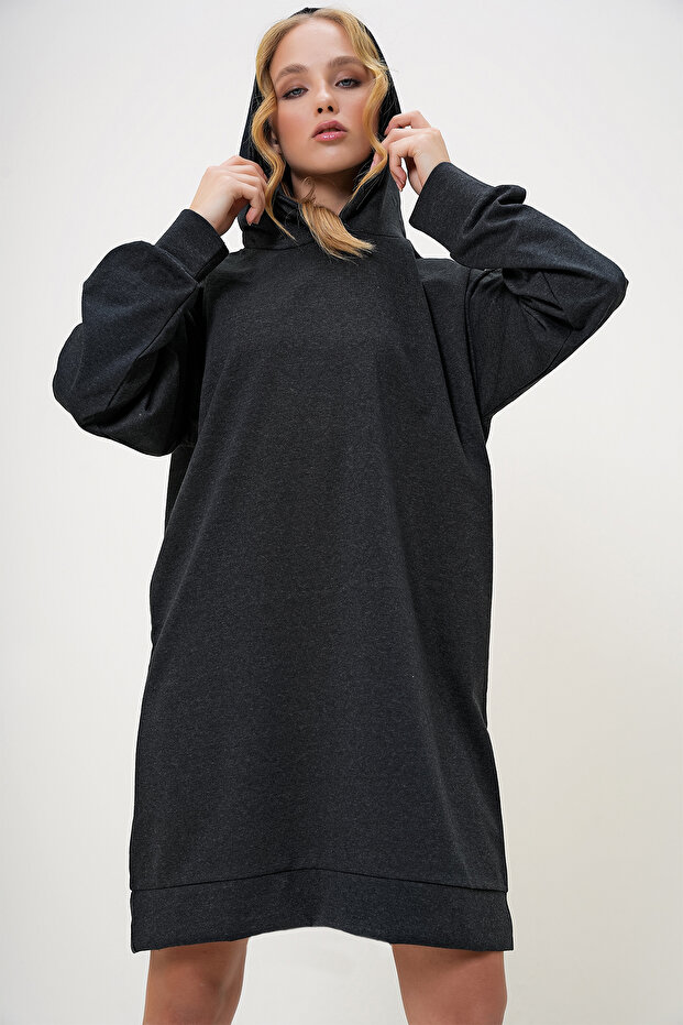 Kadın Antrasit Kapüşonlu Sweatshirt Elbise ALC-018-109-TE - 1