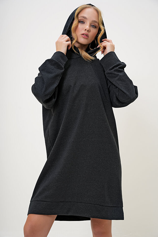 Kadın Antrasit Kapüşonlu Sweatshirt Elbise ALC-018-109-TE - 2