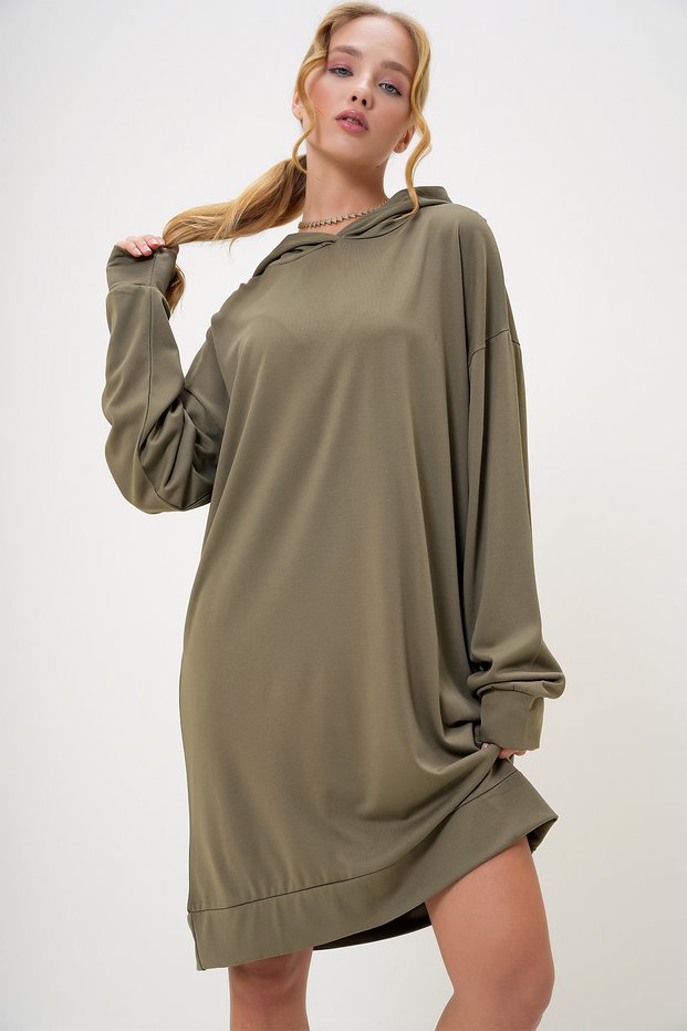 Women's Khaki Hooded Sweatshirt Dress Alc-018-109-Te
