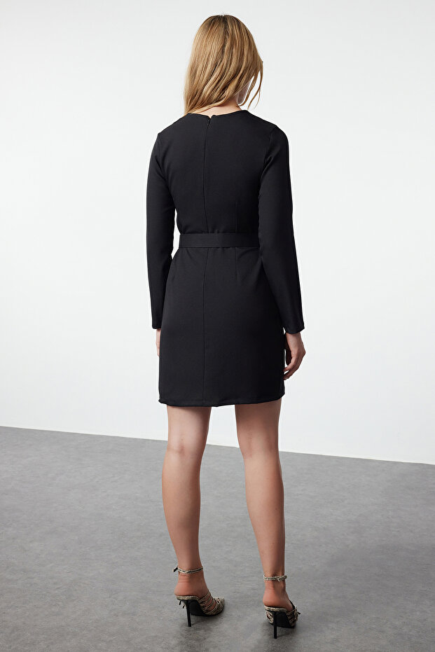 Siyah Shift/Düz Kesim Kemerli Mini Dokuma Elbise TWOAW25EL00190 - 5