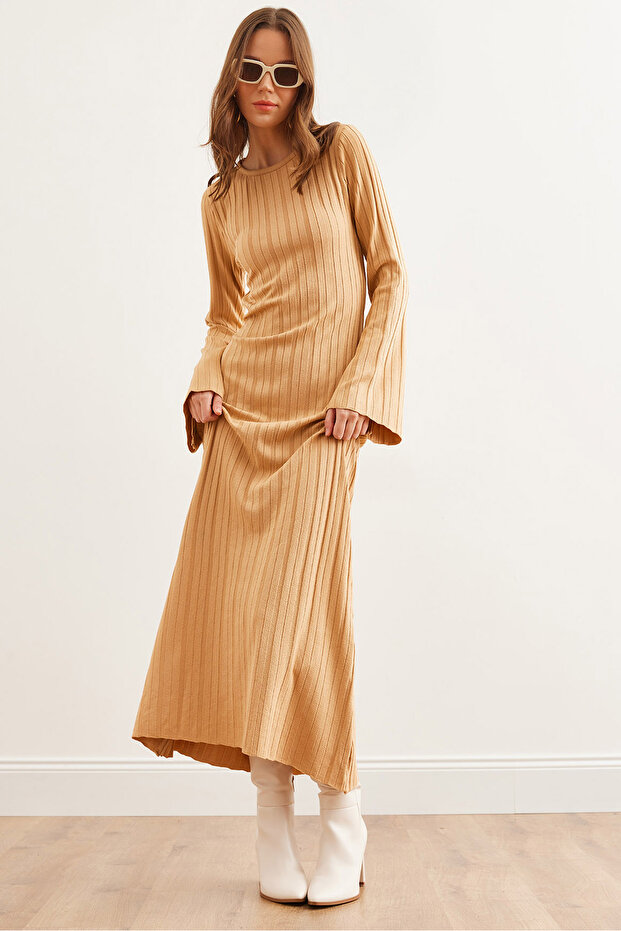Women's Camel Self Belted Spanish Sleeve Maxi Knitwear Dress Elb- 19002290