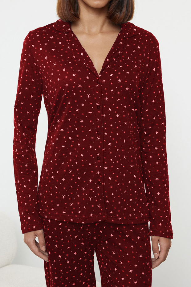 Bordo %100 Pamuklu Galaksi Desenli Örme Pijama Takımı THMAW25PT00097 - 3