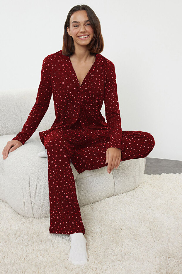 Bordo %100 Pamuklu Galaksi Desenli Örme Pijama Takımı THMAW25PT00097 - 2