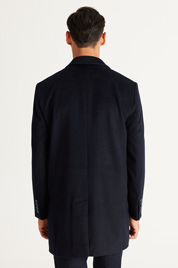 Męski wełniany płaszcz w kolorze granatowym z pojedynczym kołnierzem – standardowy krój - 6