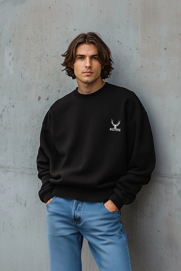 Siyah Oversize/Geniş Kesim Uzun Kol Hayvan Nakışlı Sweatshirt TMNAW24SW00164 - 2