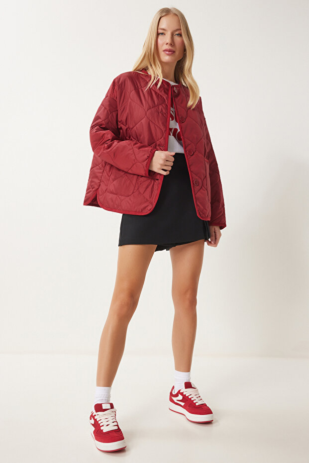 Women's Red Wide Pocket Quilted Jacket Fn03395
