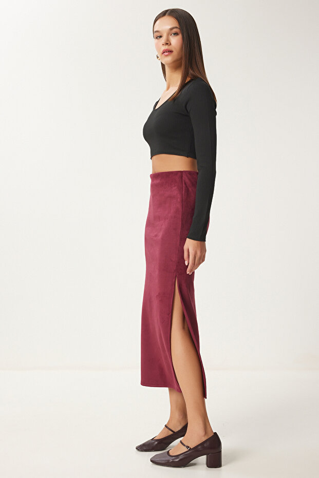 Women's Burgundy Slit Long Suede Woven Skirt Mc00292
