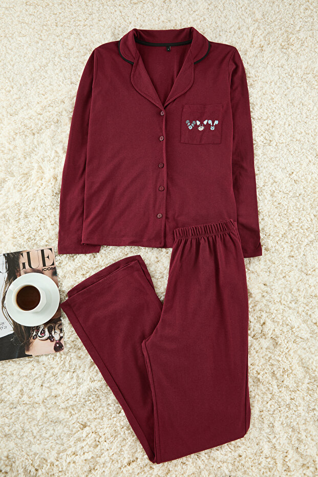 Bordo %100 Pamuklu Biye ve Cep Detaylı Baskılı Örme Pijama Takımı THMAW22PT0785 - 2