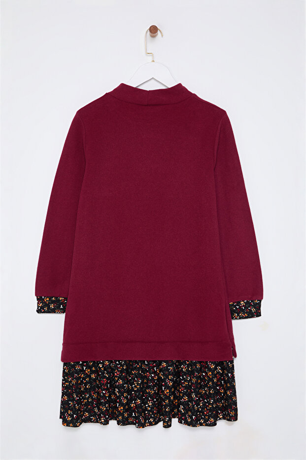 Bordo Çiçek Baskılı Mini Selanik Dik Yaka Örme Elbise TWOAW25EL00282 - 7