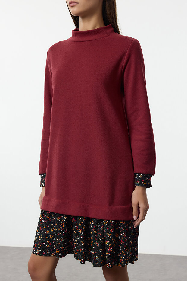 Bordo Çiçek Baskılı Mini Selanik Dik Yaka Örme Elbise TWOAW25EL00282 - 4
