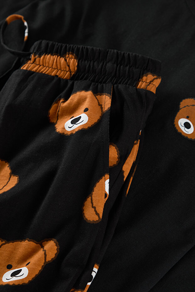 Siyah Regular Fit Ayıcık Baskılı Örme Pijama Takımı TMNAW25PT00054 - 2