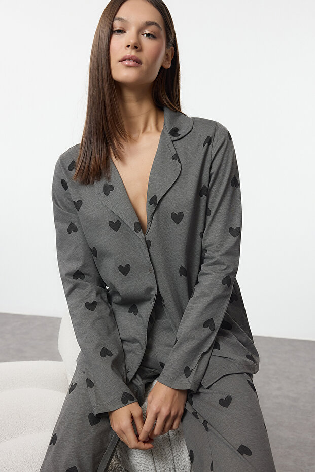 Gri %100 Pamuklu Kalp Desenli Örme Pijama Takımı THMAW21PT0548 - 1