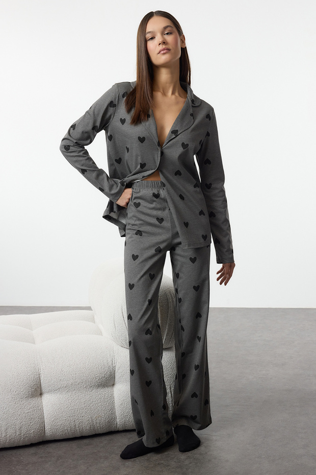Gri %100 Pamuklu Kalp Desenli Örme Pijama Takımı THMAW21PT0548 - 2