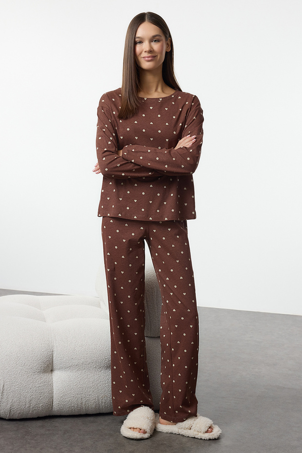Kahverengi %100 Pamuklu Puantiye ve Kalpli Örme Pijama Takımı THMAW25PT00039 - 2