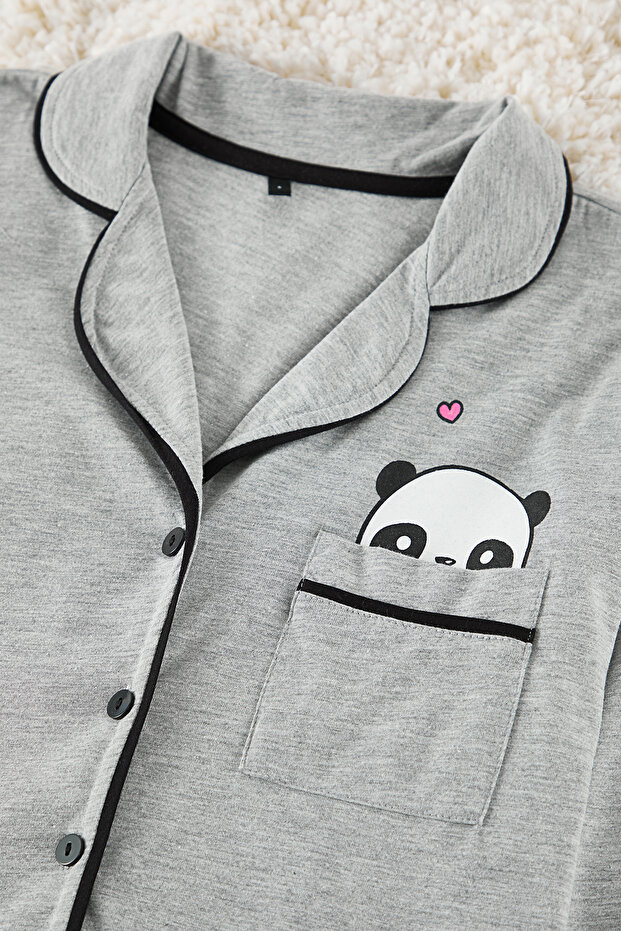 Gri Melanj Pamuklu Panda Baskılı Örme Pijama Takımı THMAW21PT0245 - 7