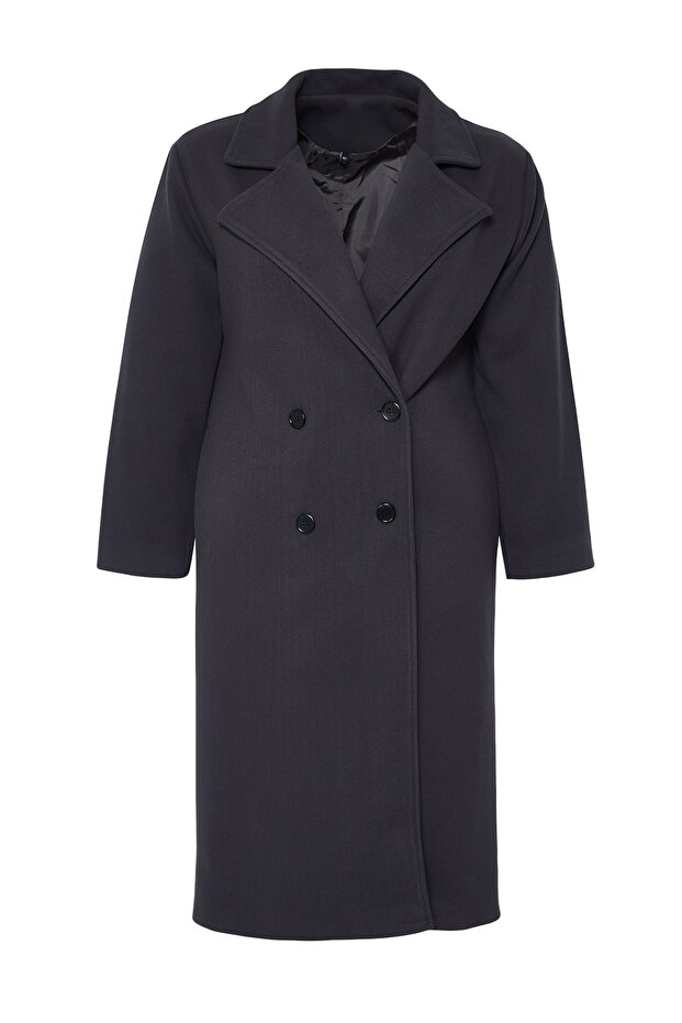 Antrasit Oversize Fit Kruvaze Kapama Yün Karışımlı Kaşe Kaban TBBAW23KB00002 - 7