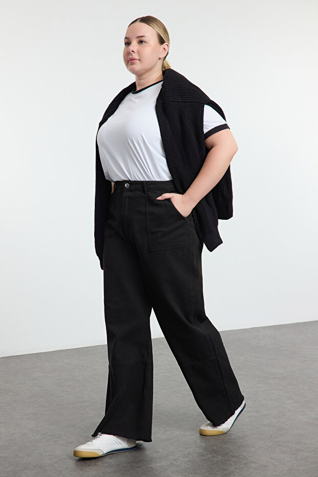 Siyah Yüksek Bel Geniş Paça %100 Pamuk Büyük Beden Wide Leg Jeans TBBAW25CJ00001 - 2