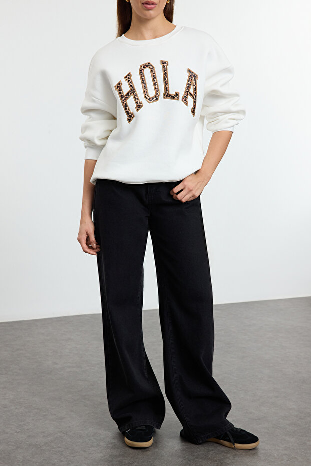 Ekru Animal Leopar Slogan Baskılı Sweatshirt TEDAW25SW00080 - 2
