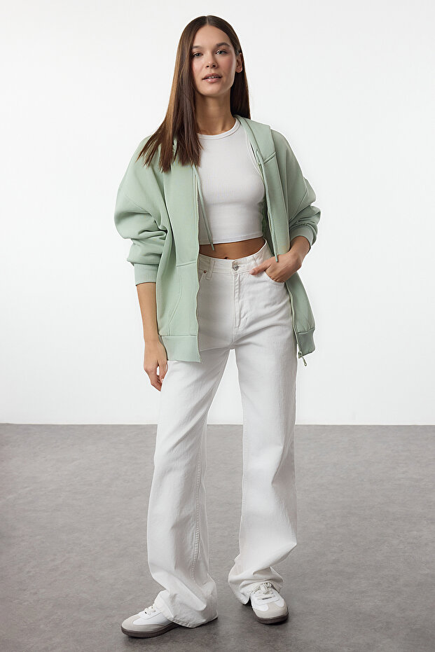 Mint Oversize/Rahat Kesim Fermuarlı Kalın İçi Polarlı Örme Sweatshirt TWOAW24SW00188 - 1