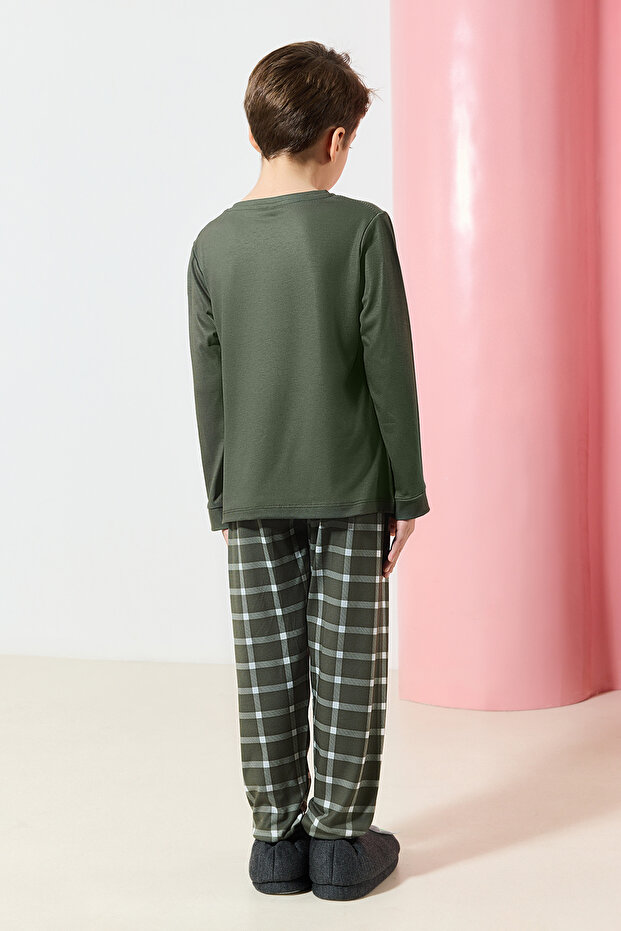 Haki Erkek Çocuk Ekose / Kareli Örme Pijama Set Alt-Üst Takım TKDAW25AU00113 - 3