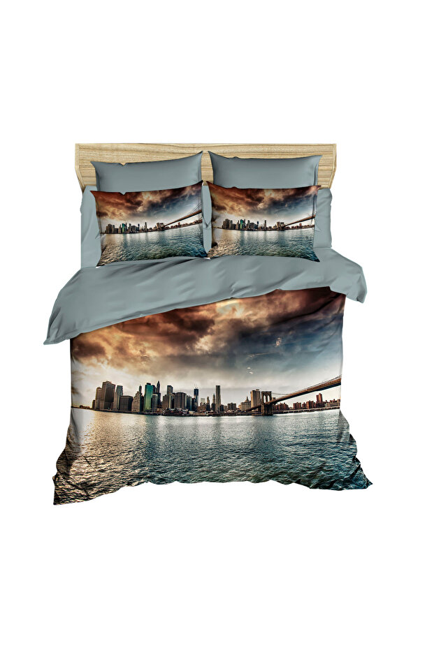 3D Double Duvet Cover Pillow Set with Brooklyn Bridge Scenery