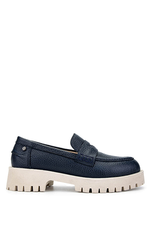 Women's Genuine Leather Navy Blue Loafers