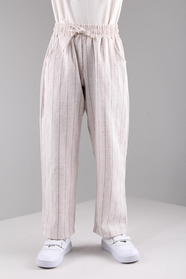 Pocketed Linen Trousers for Girls and Boys with Black Stripes