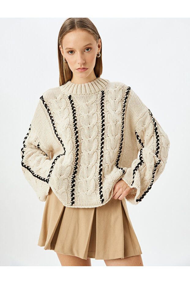 Hair Knit Textured Color-Blocking Crew Neck Spanish Sleeve Sweater