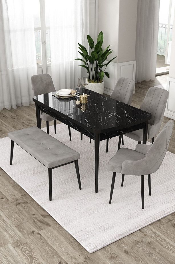 Eta Serisi, 80x132 Açılabilir Mdf Masa Takımı,siyah Mermer Desen Masa 4 Gri Sandalye Ve 1 Bench - 1