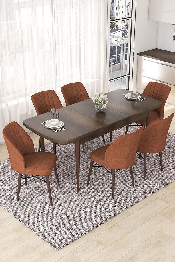 Nef Serisi 70x114 Açılabilir Mdf Barok Ahşap Desen Masa Takımı Ve 6 Kiremit Sandalye - 2