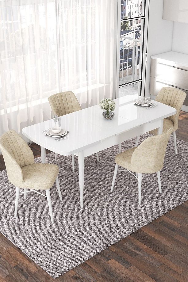 Nef Serisi 70x114 Açılabilir Mdf Beyaz Mutfak Masası Takımı Ve 4 Krem Sandalye - 2